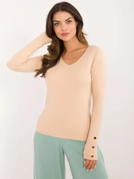 Pulover Fashionhunters cu mâneci lungi clasic lung bej