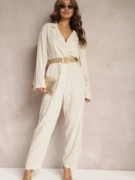 Deschis Salopetă cu Împletită Decolteu Tip Poștaș și Pantaloni Conici Avnja bej