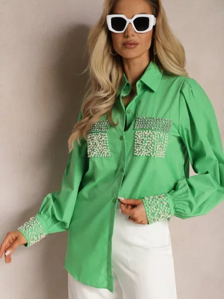 Koszula z Biżuteryjnymi Cyrkoniami i Perełkami Quezia zielona