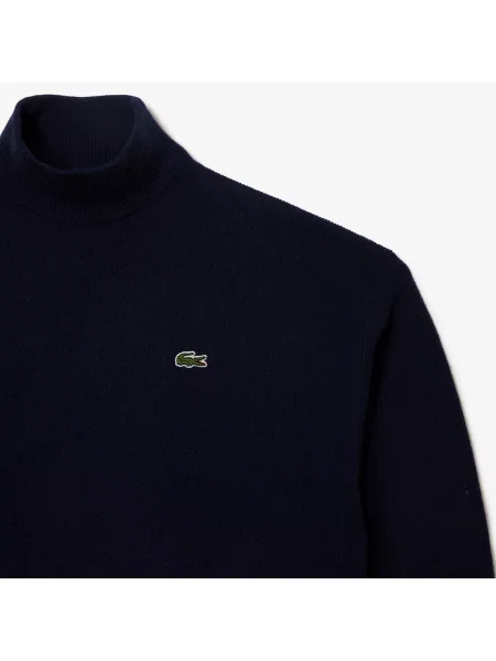 Lacoste Wełniany Sweter Z Wysokim Kołnierzem granatowy