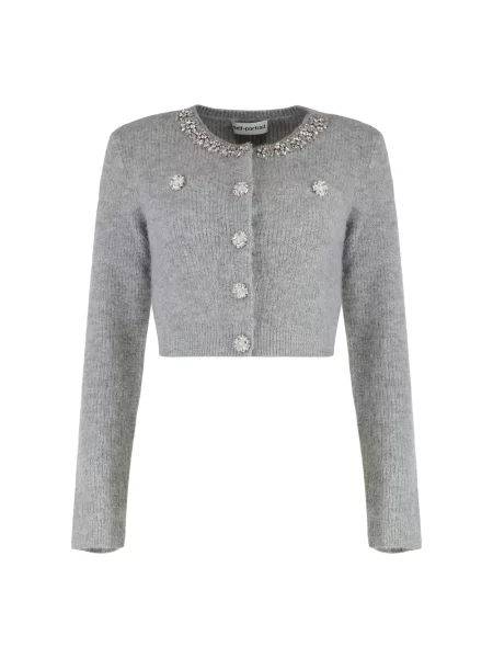 Kardigan Self-portrait wełniany z kryształkami szary