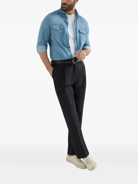 Vlněné pruhované plisované kalhoty Brunello Cucinelli černé