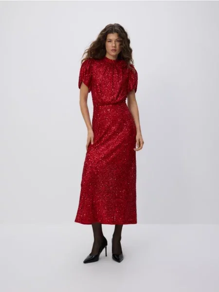 Reserved Паєткова сукня з пишними рукавами червоний