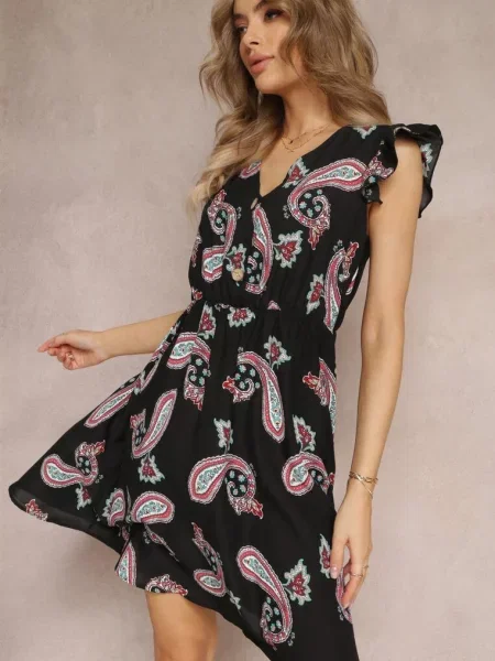 Rozkloszowana Sukienka Mini we Wzór Paisley Rachelli czarna