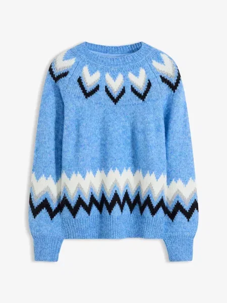 Sweter w norweski wzór z zygzakowatymi paskami niebieski