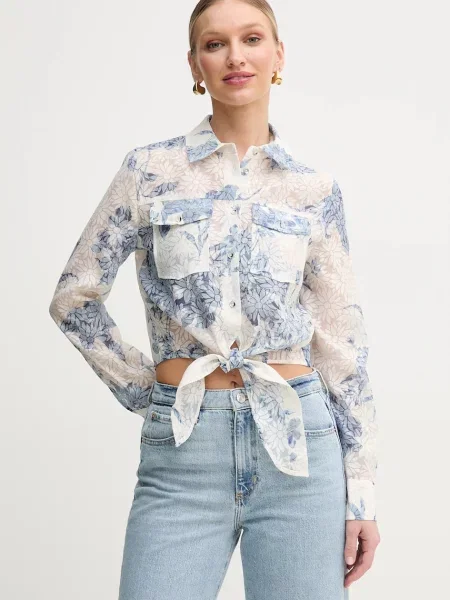 Риза Guess ADELAIDE дамска със стандартна кройка с класическа яка бежово
