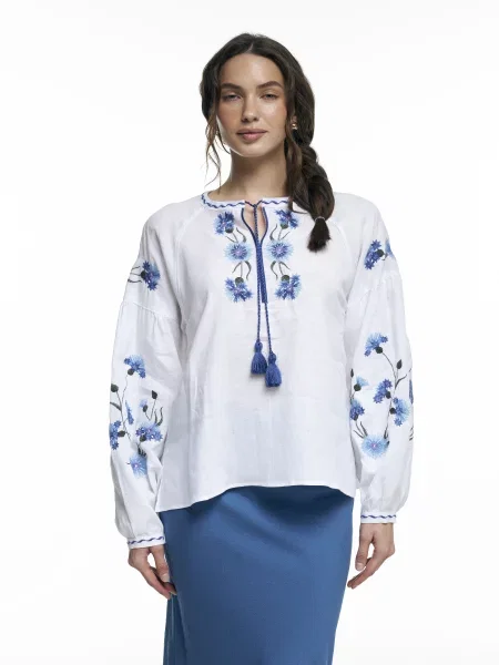 Лляна Вишита сорочка FloveTouch Волошки білий