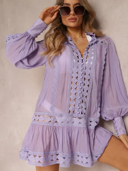 Koronkowa Tunika Pudełkowa z Falbaną Nawal fioletowa