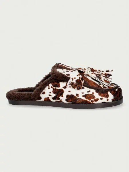Posa пантофи дамски от кожа Ranch Tassel Mule Cow Print кафяво