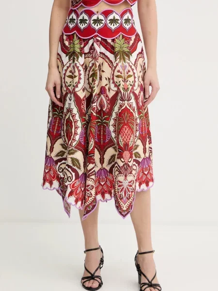 Farm Rio fustă din amestec de in midi evazată roșu