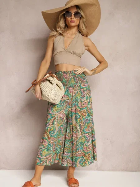 Spodnie Culottes z Bawełnianej Tkaniny Ozdobione Wzorem Paisley Gwinamas zielone