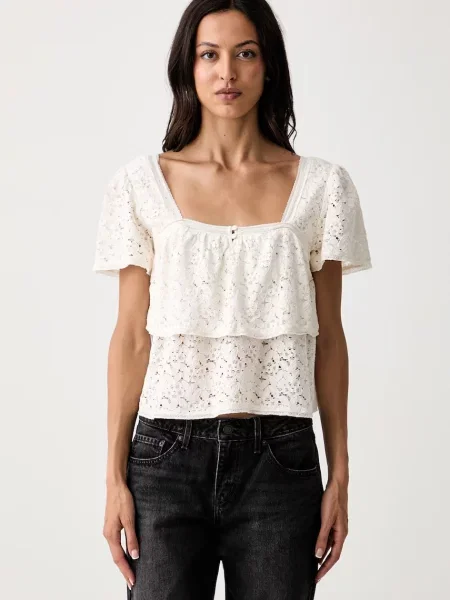 Levi's bluză cu volane pentru femei din dantelă DOM SS LACE BLOUSE bej