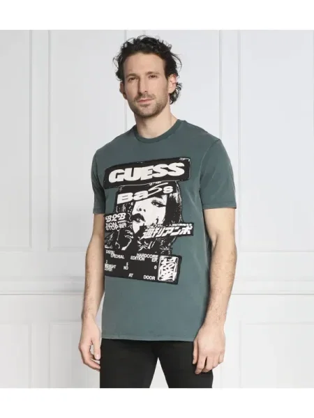 GUESS Tricou SS BSC GUESS MUSIC POSTER verde