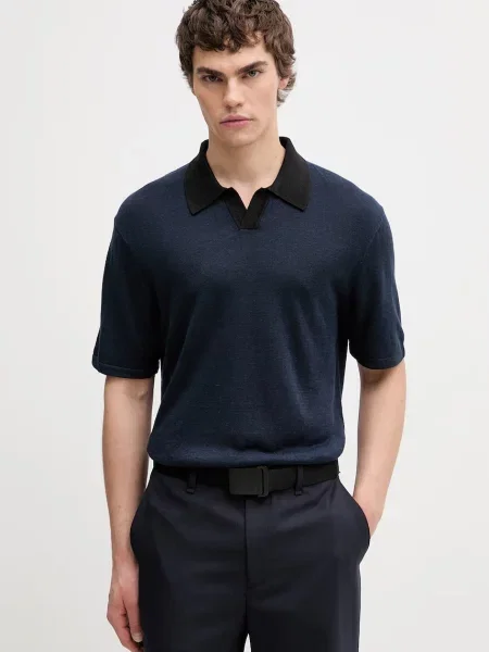 Calvin Klein polo swetrowe z dodatkiem lnu granatowa