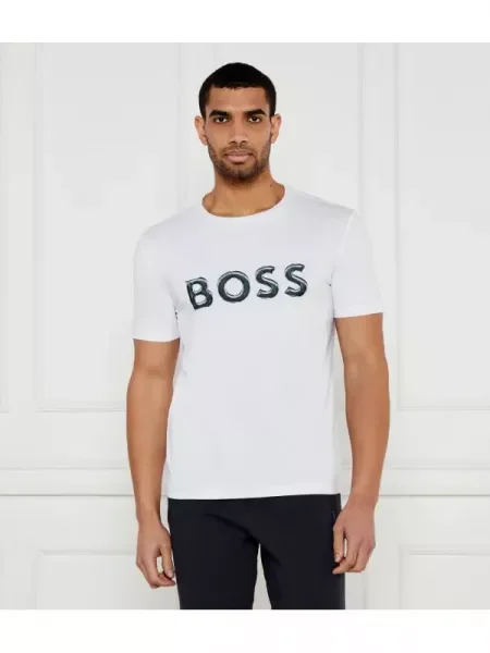 Tricou Boss Green stretch cu autograf alb