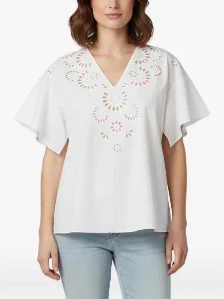 Top Paule Ka cu broderie cu model floral cu decolteu în V alb