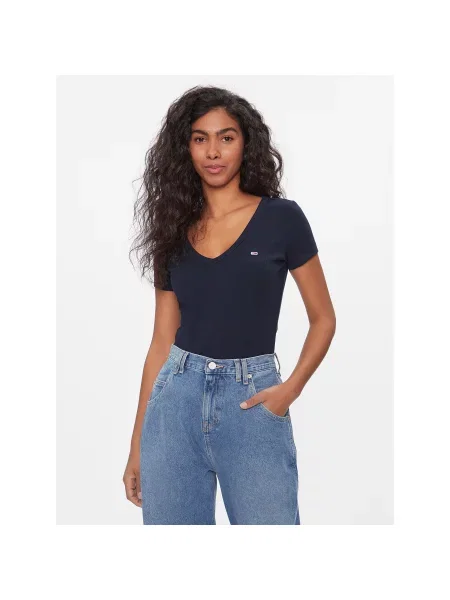 Tommy Jeans Marškinėliai Tjw Slim Essential Rib V Ss Tamsiai Slim Fit mėlyna