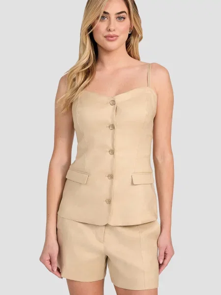 Лляний топ Guess бежевий