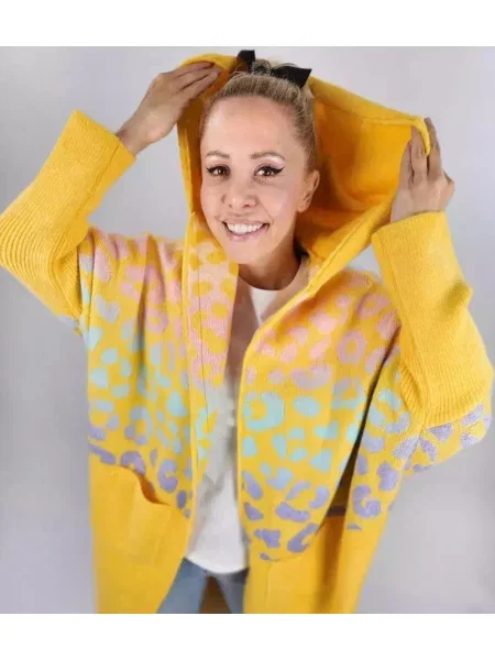 Cardigan Pri de lână cu model leopard lung albastru