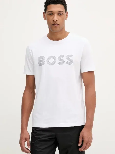 BOSS Green tricou alb cu imprimeu negru