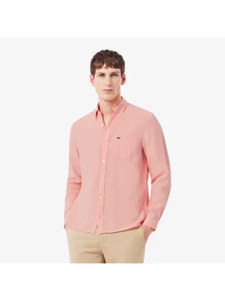 Lacoste Lniana Koszula Button-Down Regular Fit różowa