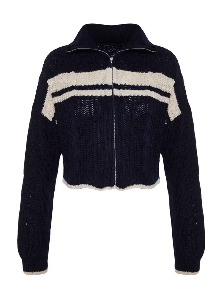Trendyol Geacă tricotată bleumarin / natural alb