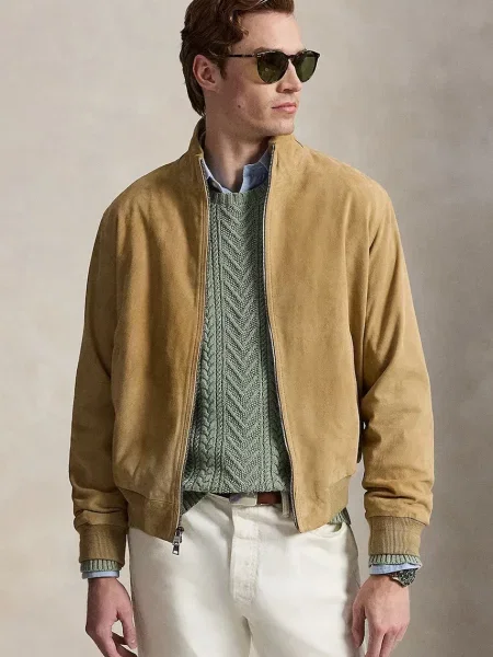 Polo Ralph Lauren geacă de tranziție pentru bărbați din piele întoarsă verde