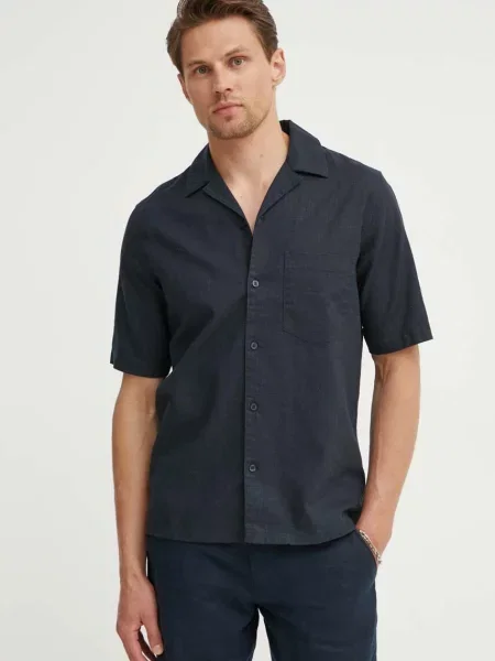 Košulja s dodatkom lana Samsoe Samsoe SAOSCAR tamno regular plava