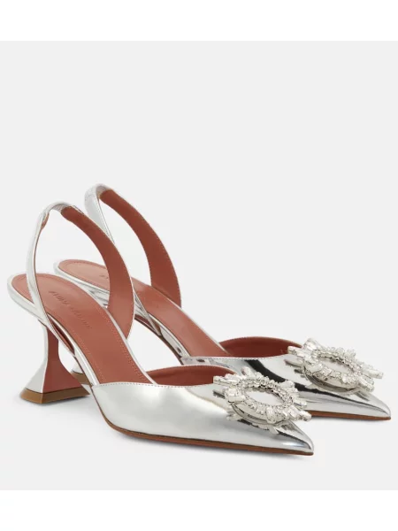 Pantofi cu toc Amina Muaddi din piele slingback argintiu