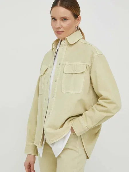 Риза Samsoe Samsoe дамска със свободна кройка с класическа яка зелено