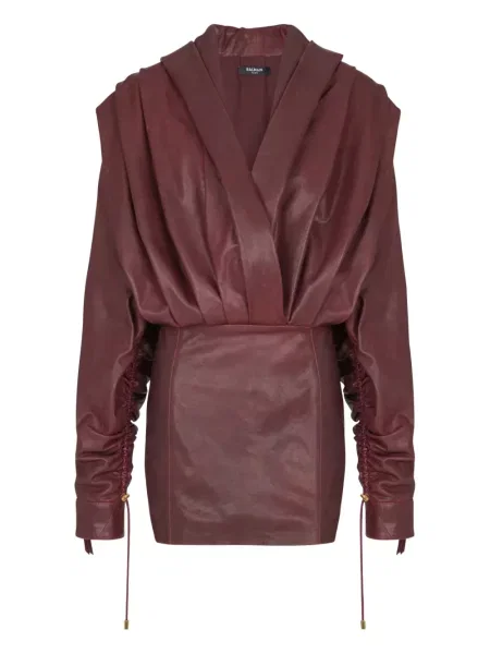 Sukienka mini Balmain skórzana z kapturem garniturowa czerwona