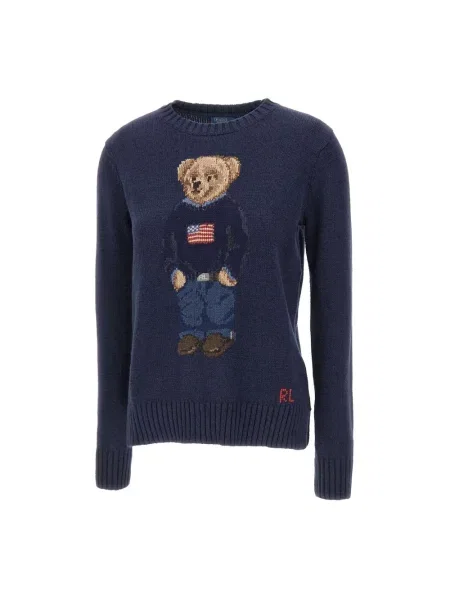 Sweter z dzianiny z motywem i okrągłym dekoltem Ralph Lauren niebieski