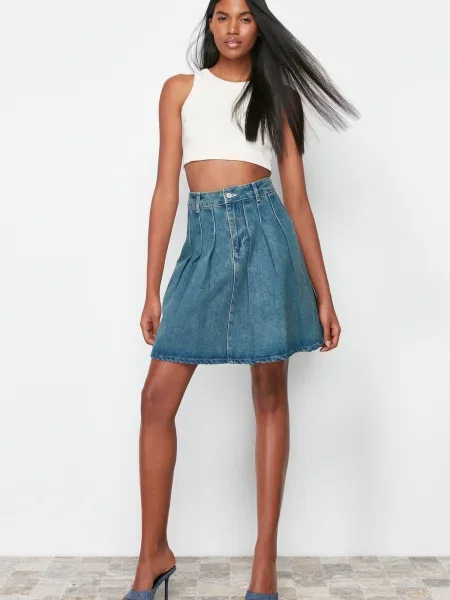 Fustă din denim Trendyol plisată albastru