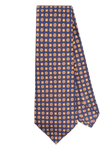 Cravată Kiton de mătase cu imagine cu imprimeu geometric albastru