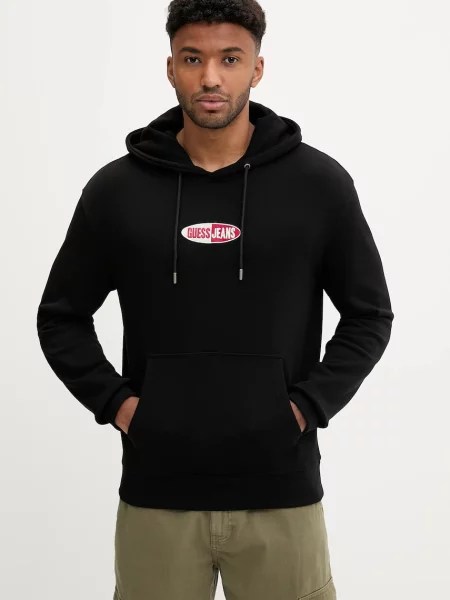 Bombažen pulover Guess Jeans s kapuco črna