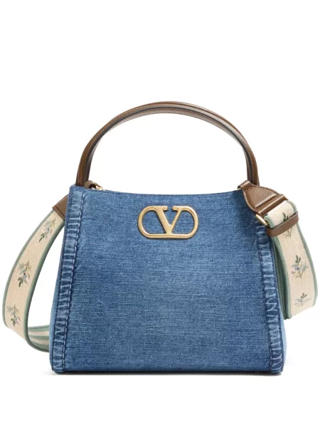 Geantă Valentino Garavani cu broderie cu bretele albastru