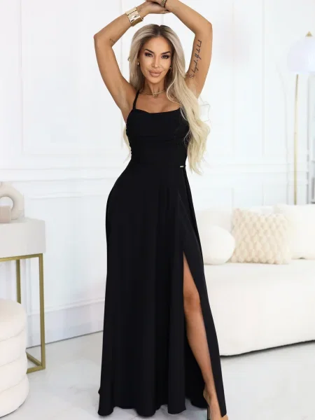 Długa sukienka maxi Numoco z rozcieciem czarna