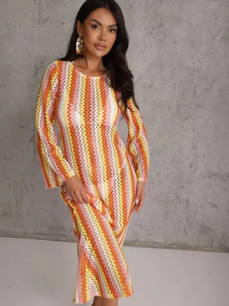 Sukienka Dopasowana w Stylu Boho z Plecionego Materiału w Paski Nasehle pomarańczowa
