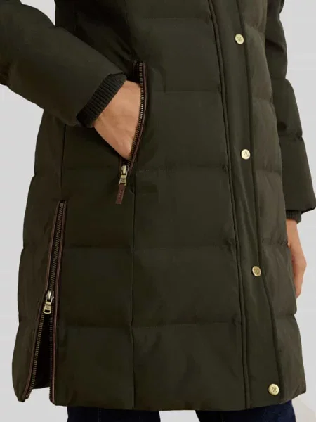 Płaszcz puchowy o kroju regular fit z obszyciem ze sztucznego futra Lauren Ralph Lauren zielone