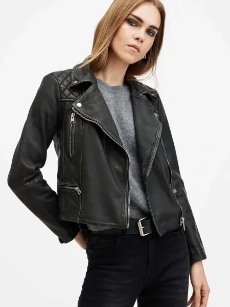 Кожено яке AllSaints CARGO BIKER преходен модел черно