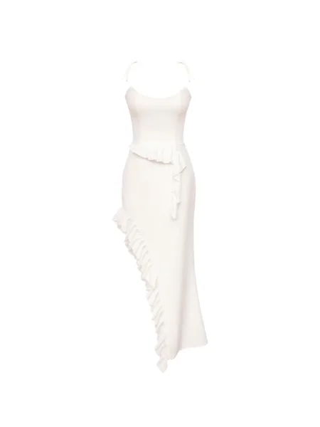 Rochie midi Post Meridiem cu volane până la genunchi de costum alb