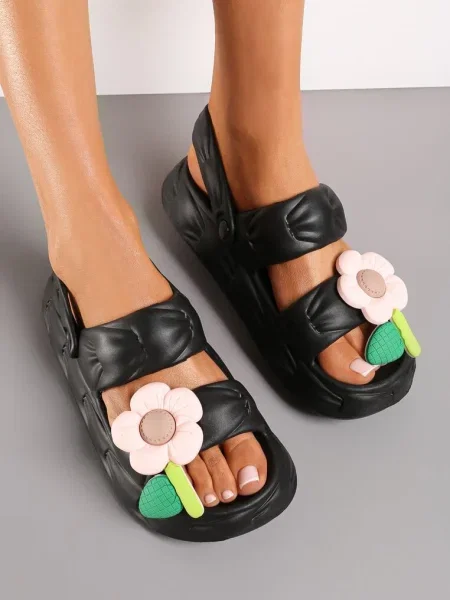 Sandale cu Bareta pe Călcâi și Floare Decorativă Qiara negre