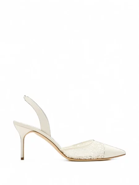 Pantofi cu toc Manolo Blahnik din dantelă slingback alb