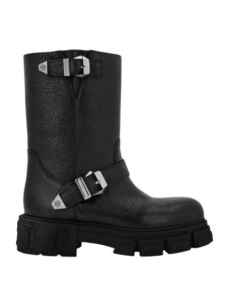 Kozaki Philipp Plein skórzane bez obcasa czarne