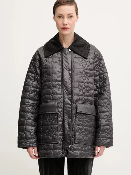 GANNI kurtka Shiny Quilt Midi przejściowa oversize szary