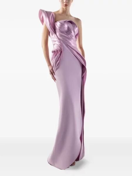 Drapiruotas kostiumas maxi suknele Gaby Charbachy vieno peties rožinė