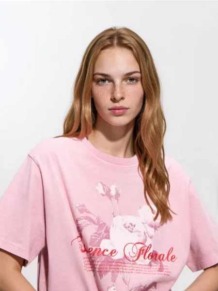Reserved Tricou din cu imprimeu roz-pastel roz