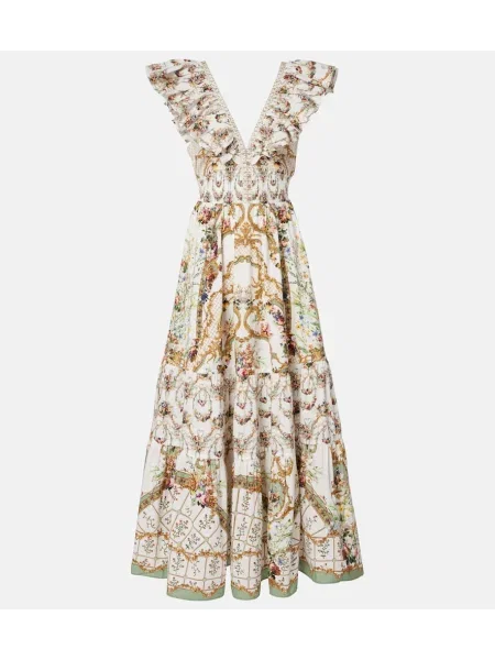 Rochie maxi Camilla cu model floral cu volane de costum alb