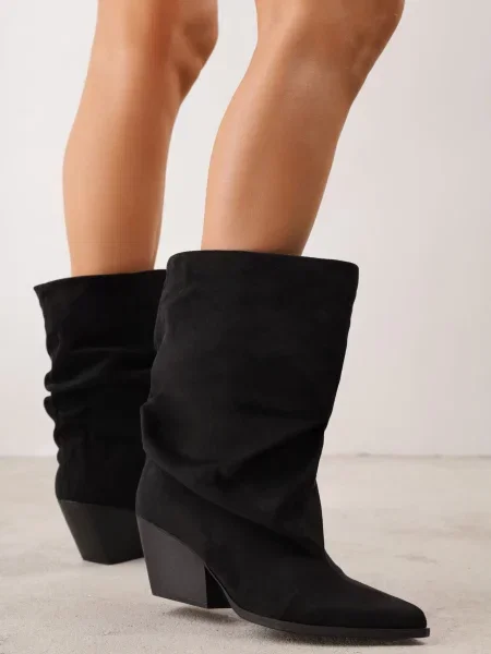 Botine Slouchy din imitație de piele întoarsă cu fronseu pe Con Utussa negre