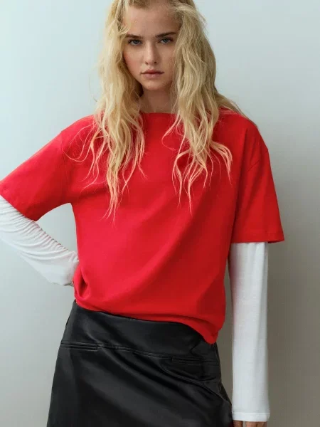 Pull&Bear Tricou roșu alb